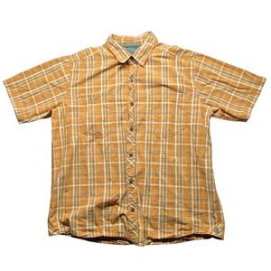REI Mens XL Plaid Short Sleeve Button Up Shirt Casual Outdoor‎ Work Beige Orange